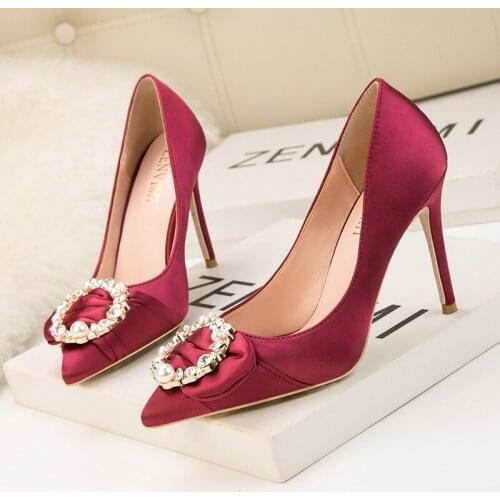 Shine crystal metal buckle silk party ladies pumps solid pointed toe shallow slip on thin high heels slim comfy sexy woman shoes