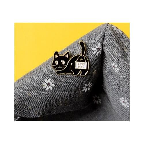 Cute Black Kitty Wagging Tail Droping Oil Alloy Badge Brooch Bag Pin Japanese Style For Women Men Accessories