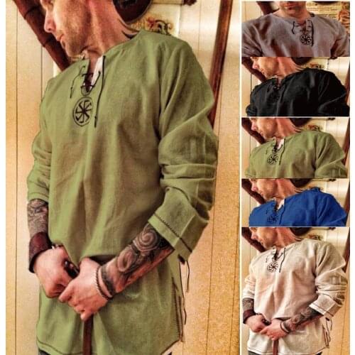 Embroidery Cotton Shirt V Neck Long Sleeve Viking Pirate Costume Halloween Mens Norse Medieval Warrior Linen T shirt For Adult