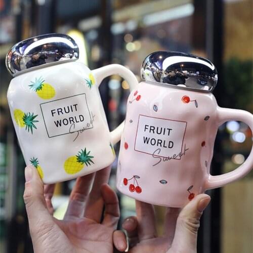 Korean Style Ceramic Mug With Lid Large Capacity Travel couple sealed Fresh Lovely Fruit Teacup Milk cup