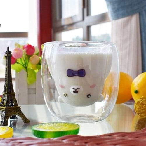 Creative double glass mug cute polar bear milk cup insulated flower tea cup ladies coffee mugs funny mugs
