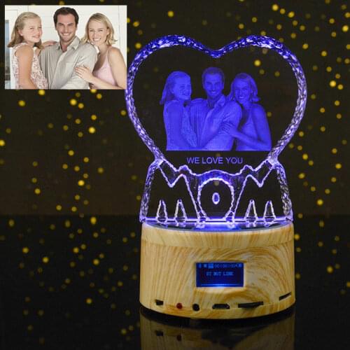 Customized Mother LOVE Crystal Photo Custom Laser Glass Photo Frame Rotating Music Box Wedding Birthday Christmas Mama Gift