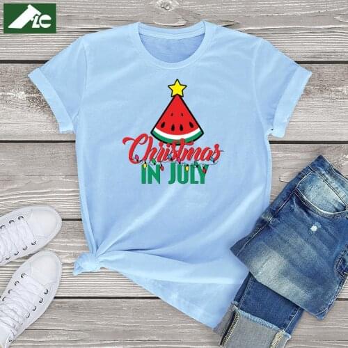 Cute Watermelon Christmas Shirt Women Clothing 100% Cotton Girls Top Funny Christmas Tree Graphic Shirts Unisex Short Sleeve Tee