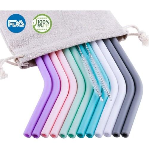 Reusable Silicone Straws Food Grade Silicone Flexible Bent Straight Drinking Straws With Cleaner Brush Party Bar Accessory
