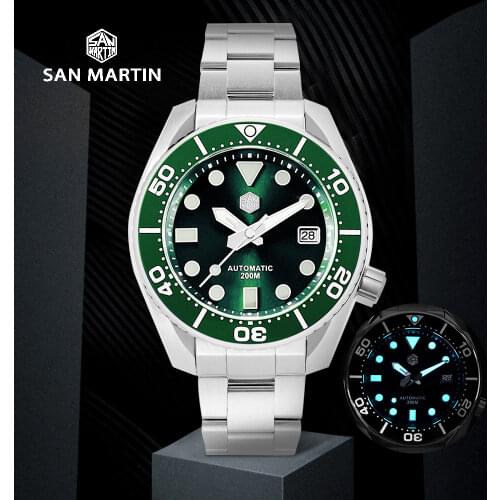 San Martin Diver MM200 NH35 Men Automatic Mechanical Watches Luxury Sapphire Ceramic Bezel 20Bar BGW-9 Luminous Date Window