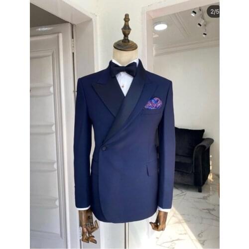 2021 New Stylish Navy Blue Men Suits With Pants 2 Pieces Double Breasted Wedding Prom Suits Slim Fit Groom Tuxedos Mens Blazer