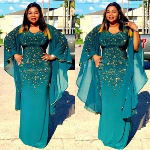 New African Dresses for Women Embroidery Sequins African Clothes Plus Size Bazin Riche Women Sexy Slim Big Sleeve Africa Dress