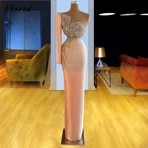 Long Sleeves One Shoulder Prom Dresses Turkish Couture Handmade Pearls Celebrity Dresses Evening Wear Party вечерние платья