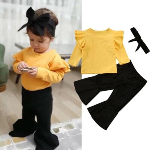 3pcs Newborn Baby Girl Solid Ruffle Long Sleeve Round Neck Tops Flare Pants Bell-bottoms Headband Outfit Autumn Casual Clothes