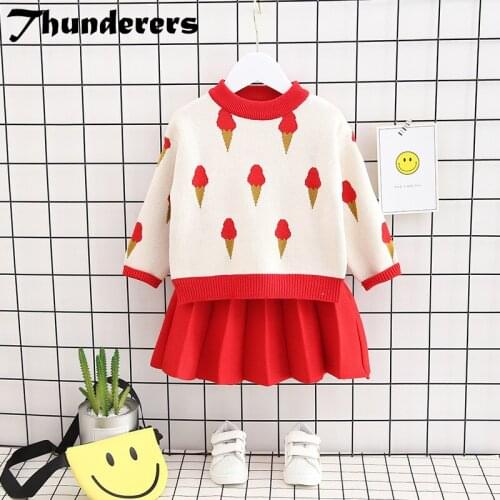 Thunderers Autumn Winter Kids Clothing Set For Girls Printed Sweater With Short Skirt Toddler Baby Clothes Suit 2pcs Outfits