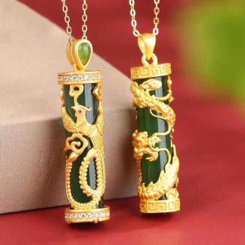 New ancient gold craftsmanship Hetian jade dragon pillar phoenix gilt necklace pendant men and women couple silver jewelry