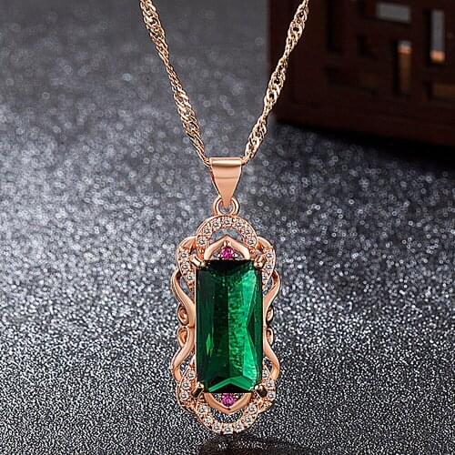 Vintage Luxury Green Crystal Agate Emerald Gemstones Diamonds Pendant Necklaces for Women Rose Gold Color Fashion Jewelry Gifts
