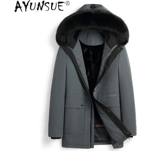 AYUNSUE 2021 Winter Natural Mink Fur Parkas Men Warm Mid Casaul Jacket Real Fox Fur Collar Hooded Coats Mens Clothing WPY4103