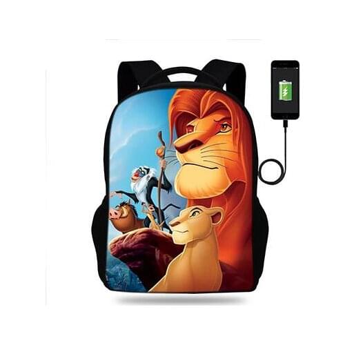 Cartoon Lion King Print USB Port backpack Kids Children School Bag For teenager Boys&Girls Travel Daily backpack