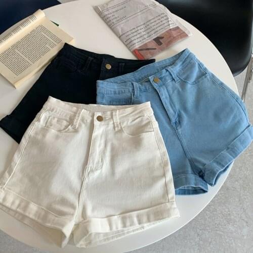 White Denim Shorts Female Summer Korean High Waist Curled Wild Loose Straight Leg Hot Pants Women 2021 New Short Pant Button
