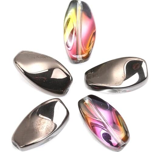 Glass AB Rainbow Color Aurora Borealis Beads Twist Gunmetal & Fuchsia Two Tone Oval Pattern 17mm x 9mm, Hole: 1.1mm, 20 PCs