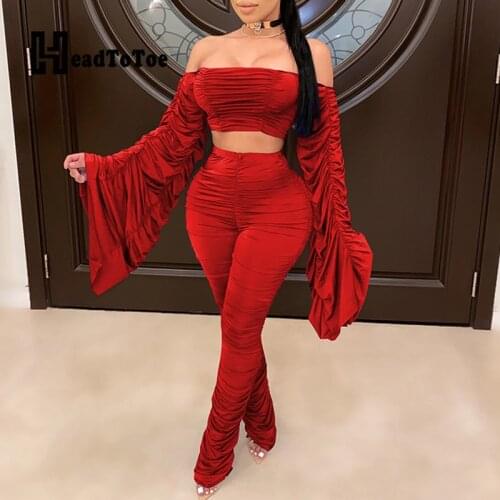 Pleated Flare Long Sleeve Off Shoulder Slash Neck Crop Tops and High Waist Stacked Skinny Pants Set Women Sexy 2 Piece Outfits