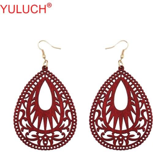 YULUCH 2018 New Arrival Natural Wooden Water Drops Hollow Ethnic Ornaments for Retro Women Earrings Popular Gifts
