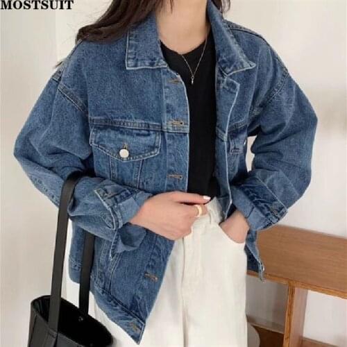 Vintage Casual Denim Coat Jacket Women Full Sleeve Single-breasted Pockets Tops Basic All Match Loose Female Outerwear 2021