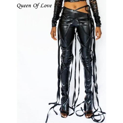 Entanglemen Tassels Bandage High Side Waist PU Leather Pants 2020 New Personality Women Ruched Flare Split Leggings Pant