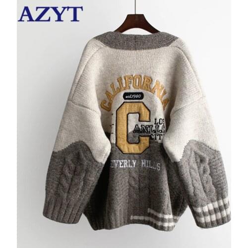 AZYT V Neck Letters Embroidery Autumn Winter Knit Womens Cardigan 2020 Oversized Patchwork Sweater Female Cardigan Jacket
