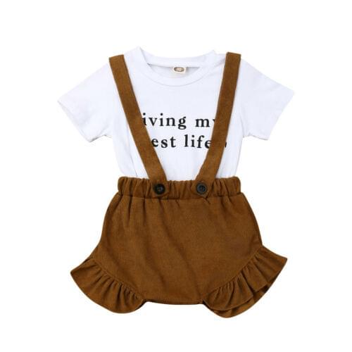 Girl Clothes Toddler Newborn Baby Kids Girl Summer Clothes Short Sleeve Letter Print Tops T-shirt+Bib Pants 2pcs Outfit