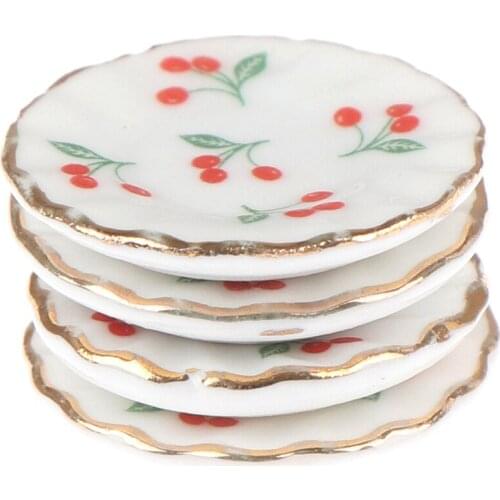 4PCS/SET Kitchen Toys Dollhouse Cherry Trays Plates Doll Durable Mini Food Dishes Tableware Miniature Doll House Accessories