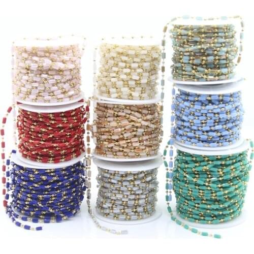 5Meter 9Color Choice Faceted Rectangle Glass Bead Rosary Chains,Plated Golden Brass Wrapped Tube Beaded Sweater chains Jewelry