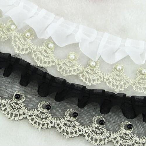 5Yards White Chiffon Ruffle Lace Folds Beaded Lace Trim Gold Embroidered Skirt Bag Lace Accessories Decoration Sewing Material
