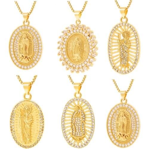Trendy Bling CZ Virgin Mary Pendant Necklace for Women Gold Color Our Lady Jewelry Wholesale Colar Cross Chain For Wedding Gift