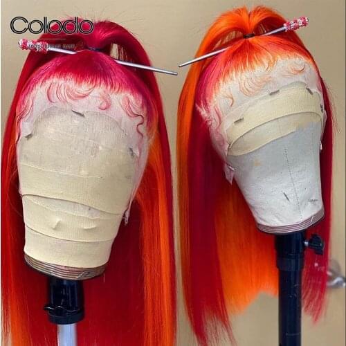 COLODO Ombre Red Orange Lace Front Human Hair Wigs Straight Wig Transparent Lace Wigs Remy Hair with Baby Hair For Women