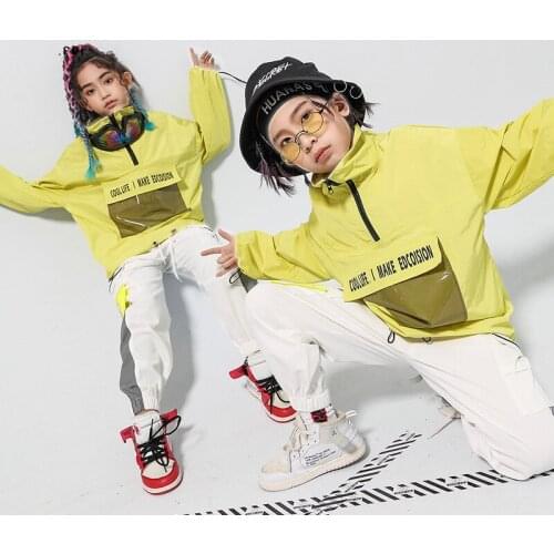 Children Street Dance Suit Loose Green Jacket White Pants Set Kids Girls Boys Hip Hop Jazz Costumes for Stage Performance