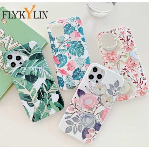 FLYKYLIN Laser Banana Leaf Floweres Case For iPhone 12 11 Pro X XR XS Max 12 Mini 7 8 Plus Funda Soft IMD Phone Back Cover Coque