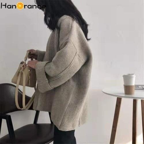 HanOrange Spring Autumn Female Knit Women Cardigan Coat Cocoon Loose Sweater
