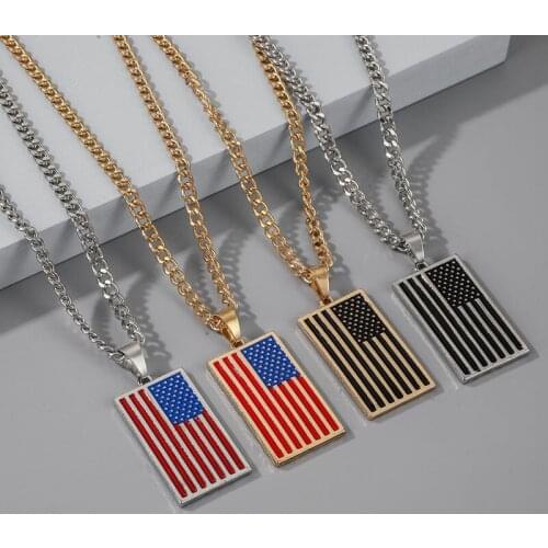 Classic US Flag Pattern Enamel Necklaces & Pendants For Women Men Hip Hop Jewelry Trendy Stainless Steel Long Chain Necklace