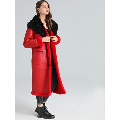 2020 Red Extra Long Real Sheepskin Shearling Fur Coat Women Fashion Winter Thicken Warm Natural Fur Clothing