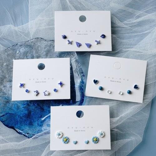 Cute Korean Minimalist Blue Purple Alloy Plastic Star Heart Flower Stud Earrings for Women Fashion 2021 Jewelry Accessories Gift