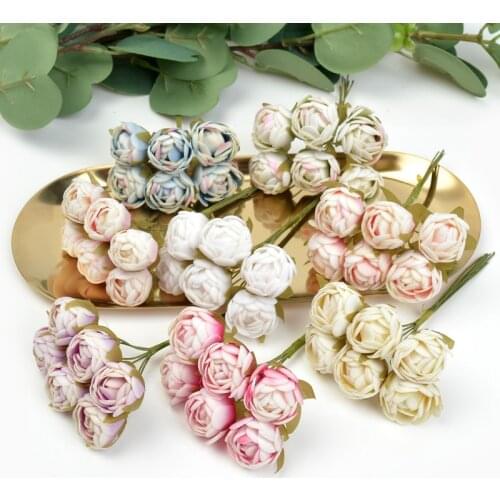 6pcs Mini Tea Roses Bud Artificial Flower Bouquet for Wedding Home Party Decoration DIY Handmade Fake Flower Christmas Decor