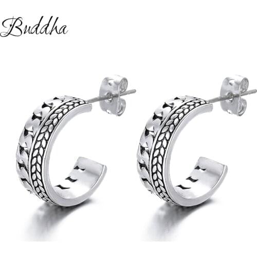Trendy Style Ancient Silver Color Stud Earrings Mens Punk Ear Jewelry Rock Gothic Unisex Piercing Buddha Earring Drop Shipping