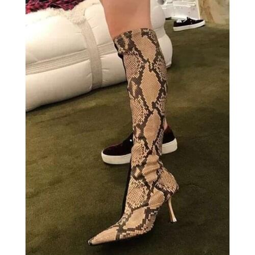 Moraima Snc Fashion Snakeskin Leather High Heel Boots Square Toe Stretch Fabric Riding Boots Woman Knee High Boots