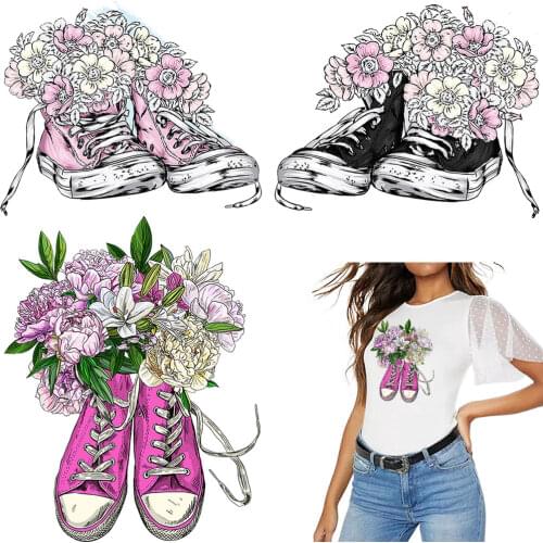 Flower Shoes Iron On Patches For Clothing Fashion Spring Thermal Stickers DIY T-Shirt Jacket Transfer Patches Stripe On Clothes