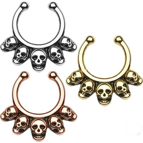 2019 New No Piercing Fake Nose Stud Five Skull Septum Hanger Clip-On Fake Nose Ring Fashion Fake Septum Piercing Body Jewelry