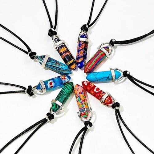 Fashion Mini Kids Natural Stone Necklace Couple Female Hexagonal Column Crystal Pendant Leather Chain Women Jewelry Accessories