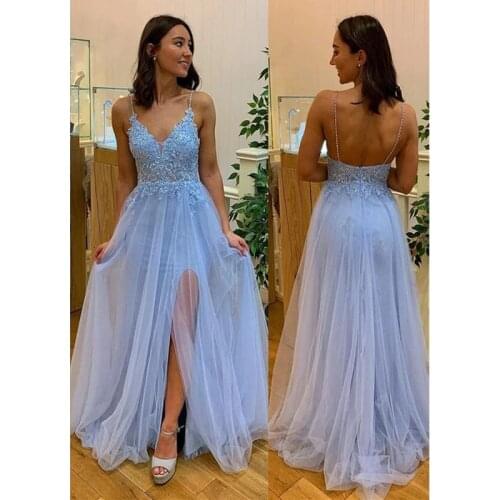 Light Blue V Neck Spaghetti Strap Split Prom Dresses Lace Applique Beaded Tulle Backless Evening Dresses Party robes de soirée