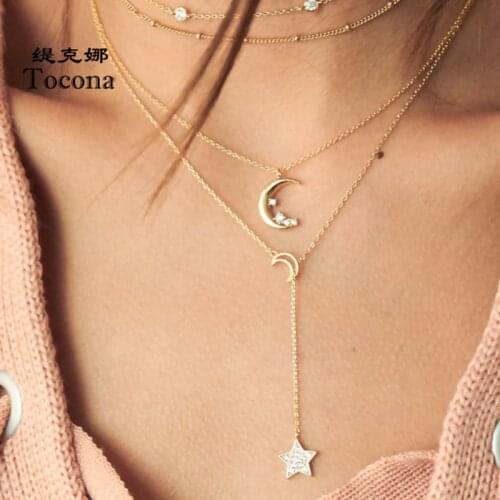 Tocona Bohemia Multi-layer Necklace For Women Female Moon Star Shape Design Clear Crystal Stone Clavicular chain Jewelry 5813