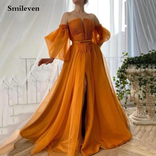 Smileven Pleats Dark Yellow Prom Dresses Puff Sleeve Vestido De Festa Soft Tulle Formal Evening Party Gowns