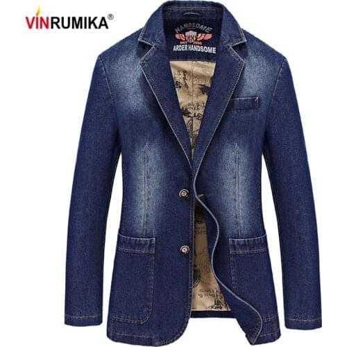 VINRUMIKA 2020 Autumn Mens Casual Brand Cowboy Cotton Black Blazer Coat Man Spring Fashion Denim Blue Blazers Slim Suits Jacket