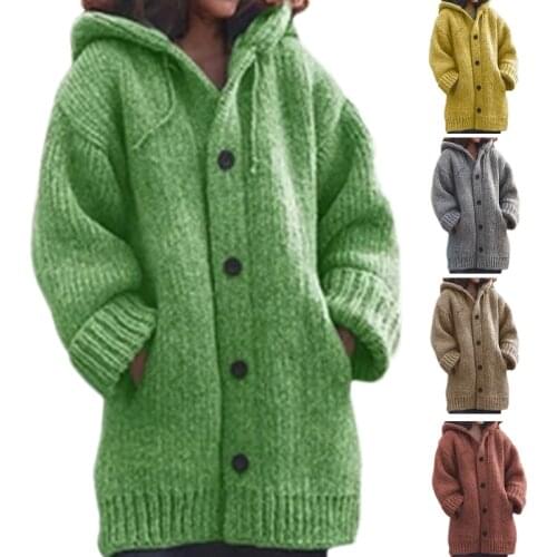 Women Long Sleeve Hoodie Cardigan Chunky Knit Solid Color Button Sweater Coat MXMA
