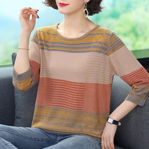 Knitted Vintage Striped Sweater Woman Plus Size Ladies Tops Clothing Elegant O Neck Long Sleeve Autumn Basic Tee Shirt Casual
