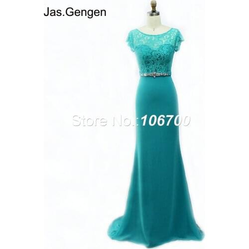 Bridesmaid Mermaid Long Prom Dresses vestidos de novia Boat Neck Cap Sleeves Lace Top Crepe with Hand Beading Belt Evening Gowns